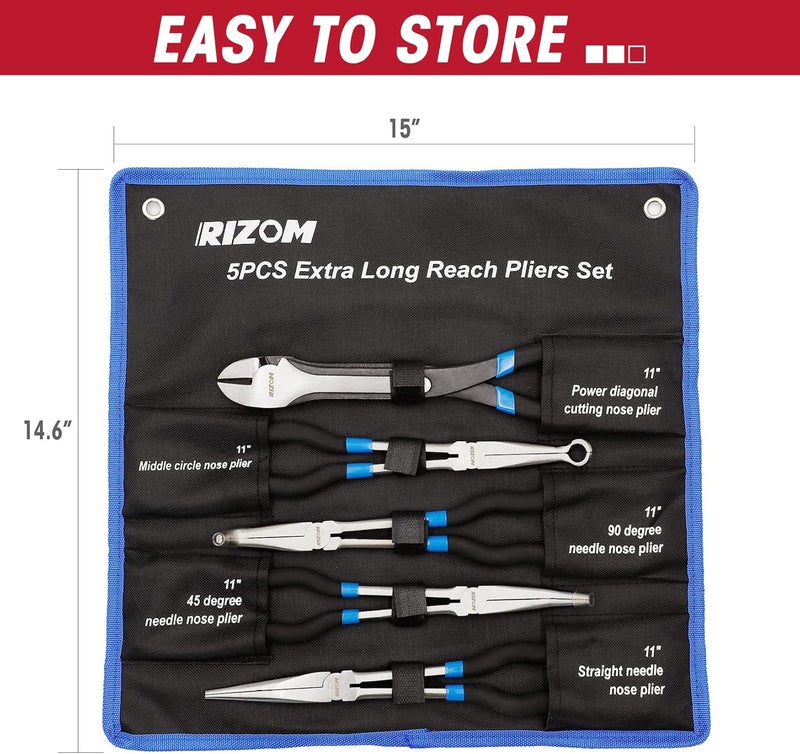 Rizom 5-Piece 11 Inch Long Needle Nose Pliers Set, Extra Long Reach Pliers Set, 45°&90° Bent Needle Nose Pliers, Circle Nose and Diagonal Pliers for Narrow Spaces and Limited Areas - Image 3